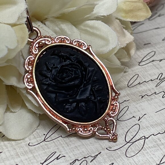Gothic Steampunk Halloween Rose Gold Necklace Black Rose Cameo Witch Jewelry New - Picture 7 of 16